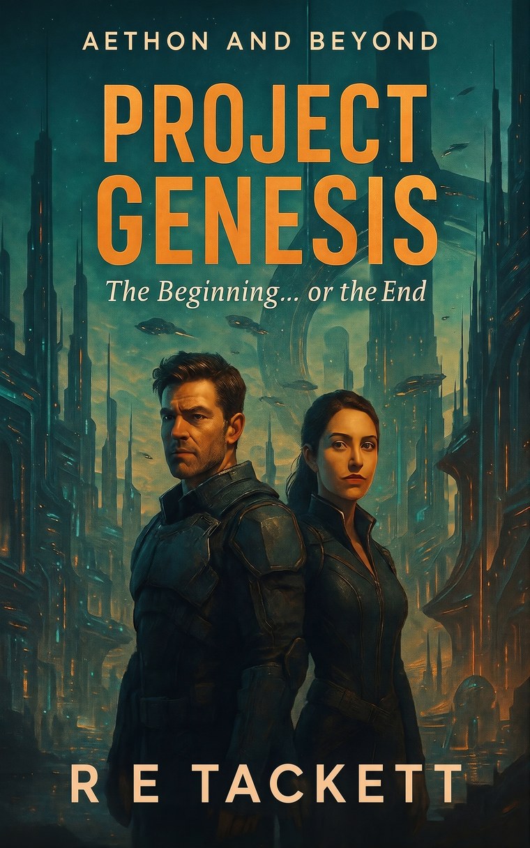 Project Genesis book cover — two figures in tactical gear stand before a futuristic cityscape, Aethon and Beyond series, by RE Tackett