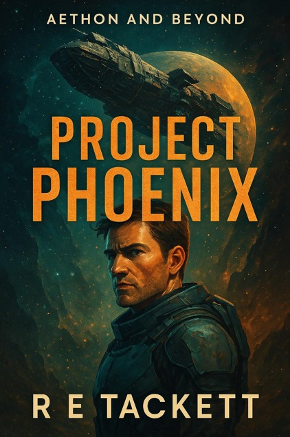 Project Phoenix book cover — a lone figure in tactical armor stands before a starship and a glowing planet, Aethon and Beyond series, by R. E. Tackett